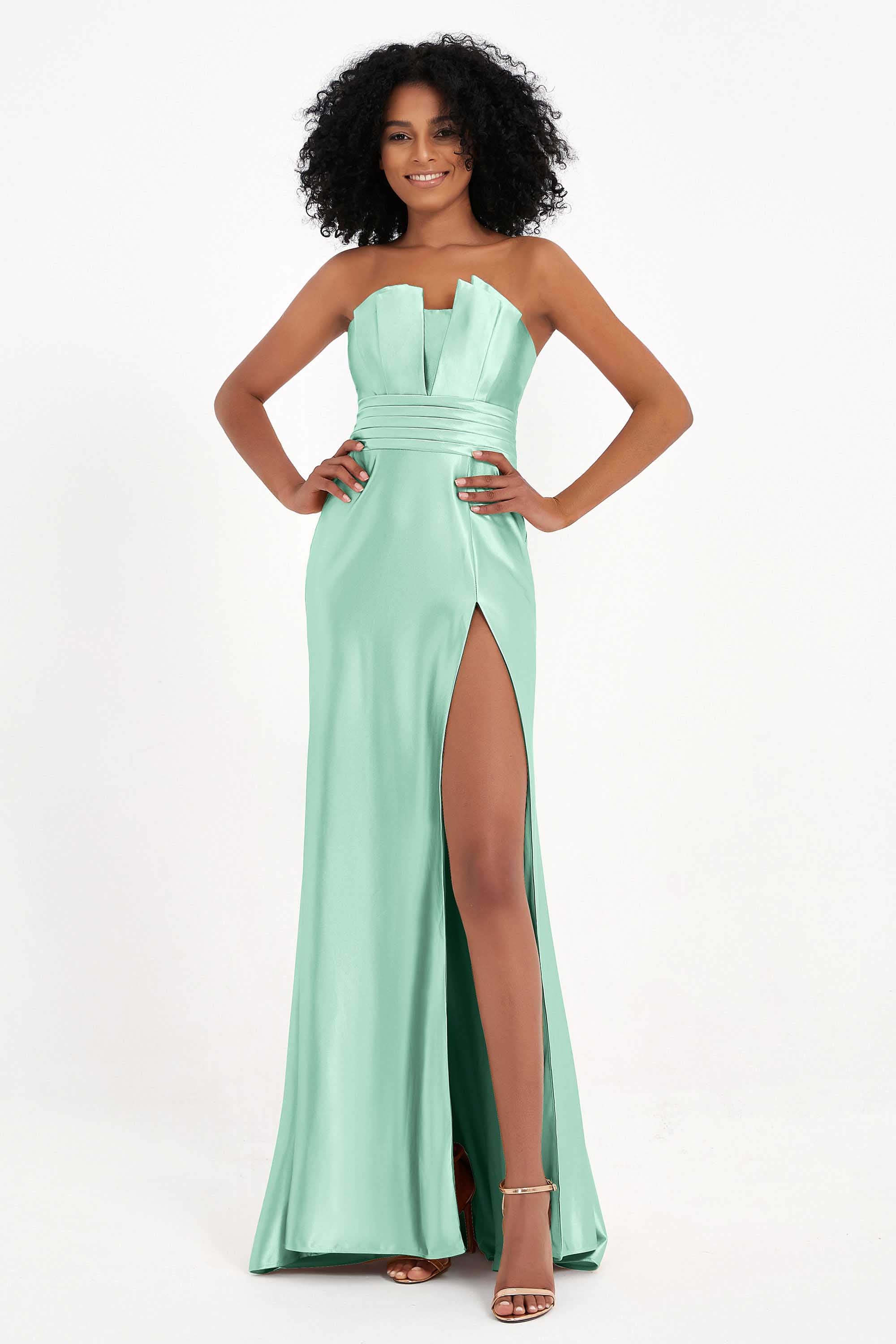 Straight Across Stretch Satin Sheath Formal Evening Dresses with Slit Long Prom Party Dress