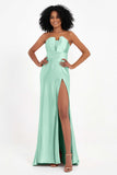 Straight Across Stretch Satin Sheath Formal Evening Dresses with Slit Long Prom Party Dress