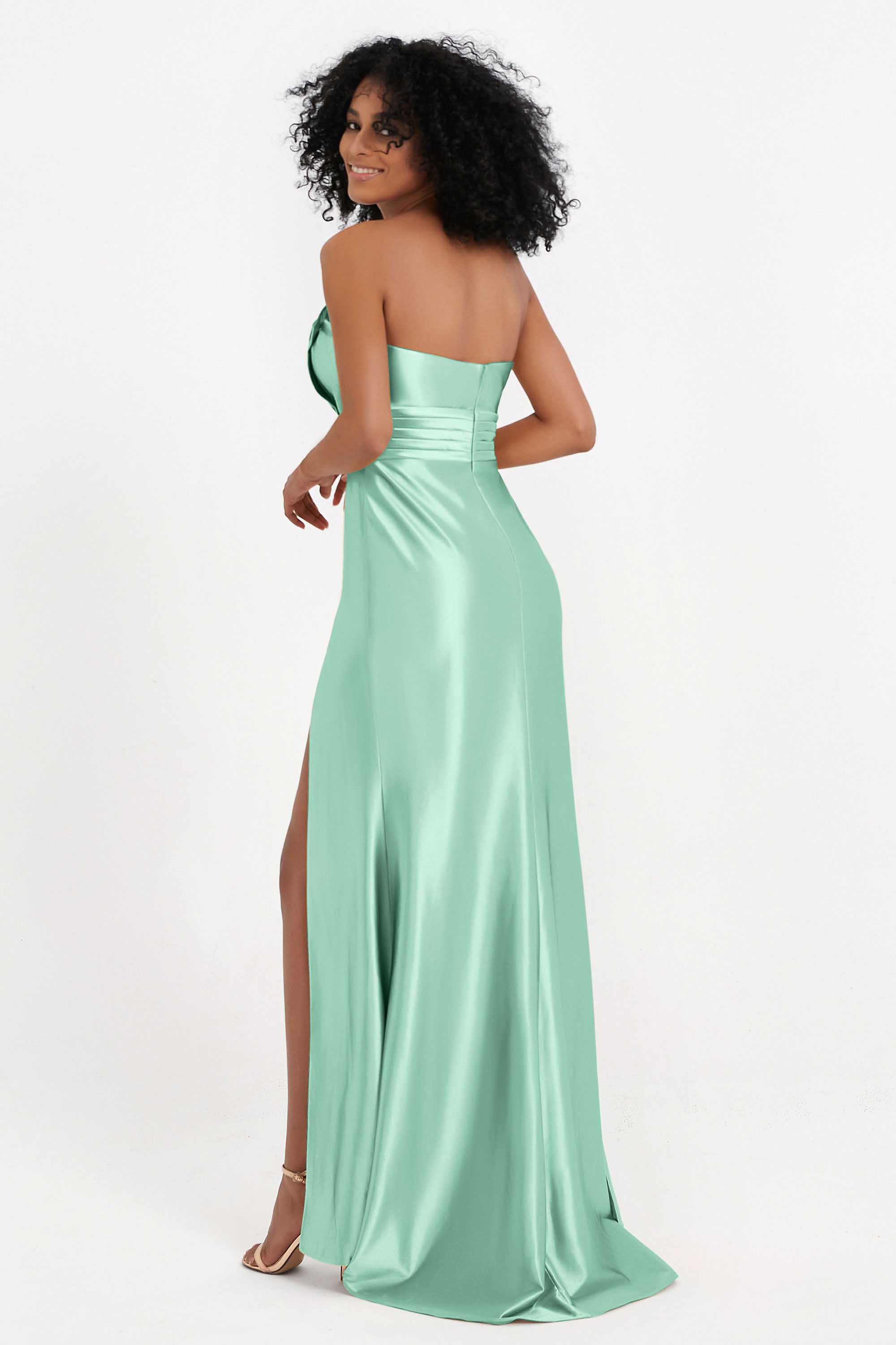 Straight Across Stretch Satin Sheath Formal Evening Dresses with Slit Long Prom Party Dress
