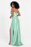 Straight Across Stretch Satin Sheath Formal Evening Dresses with Slit Long Prom Party Dress