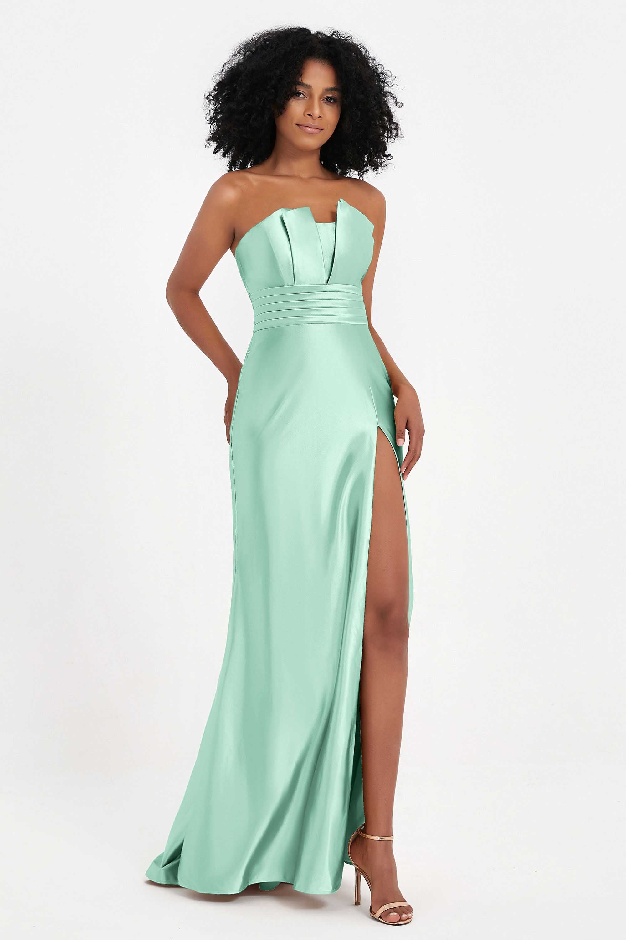 Straight Across Stretch Satin Sheath Formal Evening Dresses with Slit Long Prom Party Dress