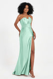 Straight Across Stretch Satin Sheath Formal Evening Dresses with Slit Long Prom Party Dress