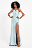 Straight Across Stretch Satin Sheath Formal Evening Dresses with Slit Long Prom Party Dress