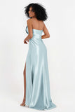 Straight Across Stretch Satin Sheath Formal Evening Dresses with Slit Long Prom Party Dress