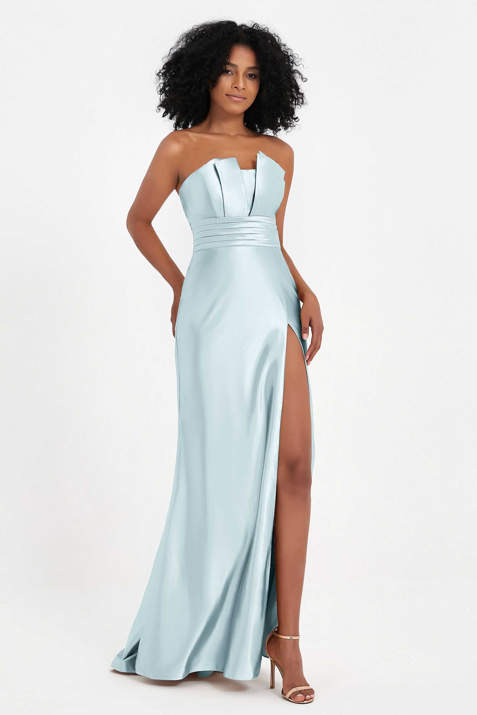Straight Across Stretch Satin Sheath Formal Evening Dresses with Slit Long Prom Party Dress