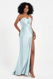 Straight Across Stretch Satin Sheath Formal Evening Dresses with Slit Long Prom Party Dress