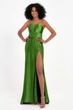 Straight Across Stretch Satin Sheath Formal Evening Dresses with Slit Long Prom Party Dress