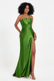 Straight Across Stretch Satin Sheath Formal Evening Dresses with Slit Long Prom Party Dress