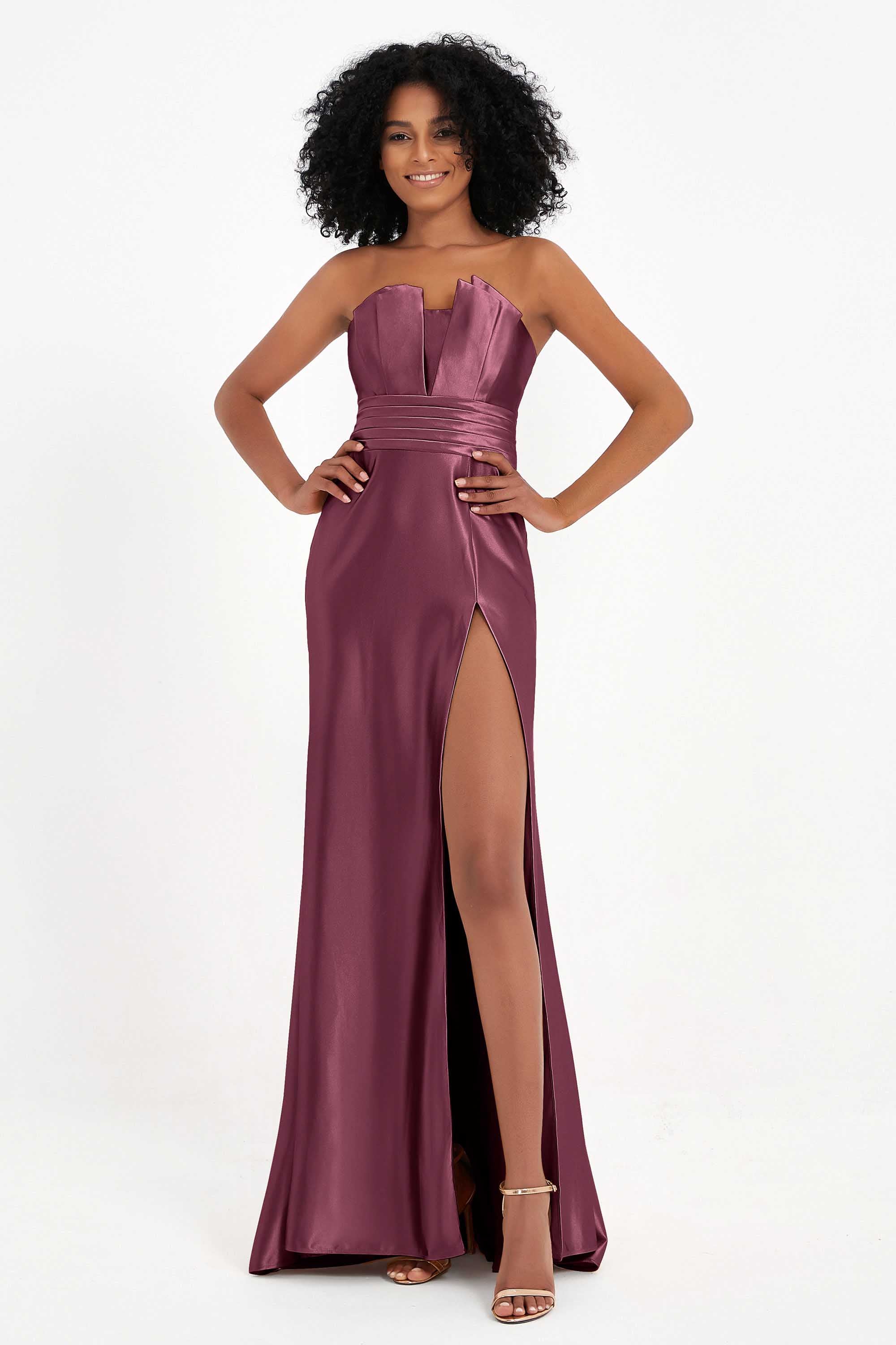 Straight Across Stretch Satin Sheath Formal Evening Dresses with Slit Long Prom Party Dress