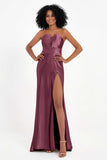 Straight Across Stretch Satin Sheath Formal Evening Dresses with Slit Long Prom Party Dress