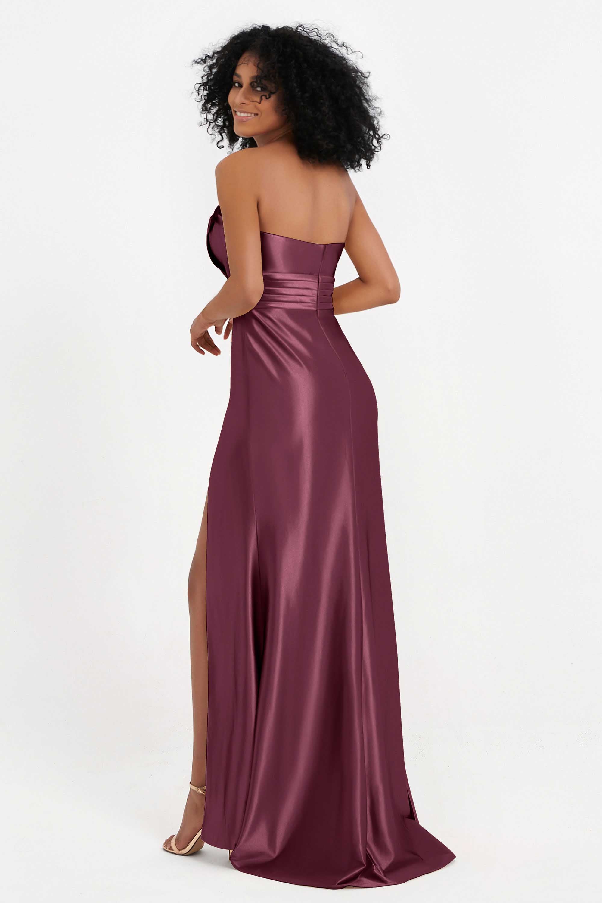 Straight Across Stretch Satin Sheath Formal Evening Dresses with Slit Long Prom Party Dress