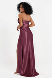 Straight Across Stretch Satin Sheath Formal Evening Dresses with Slit Long Prom Party Dress