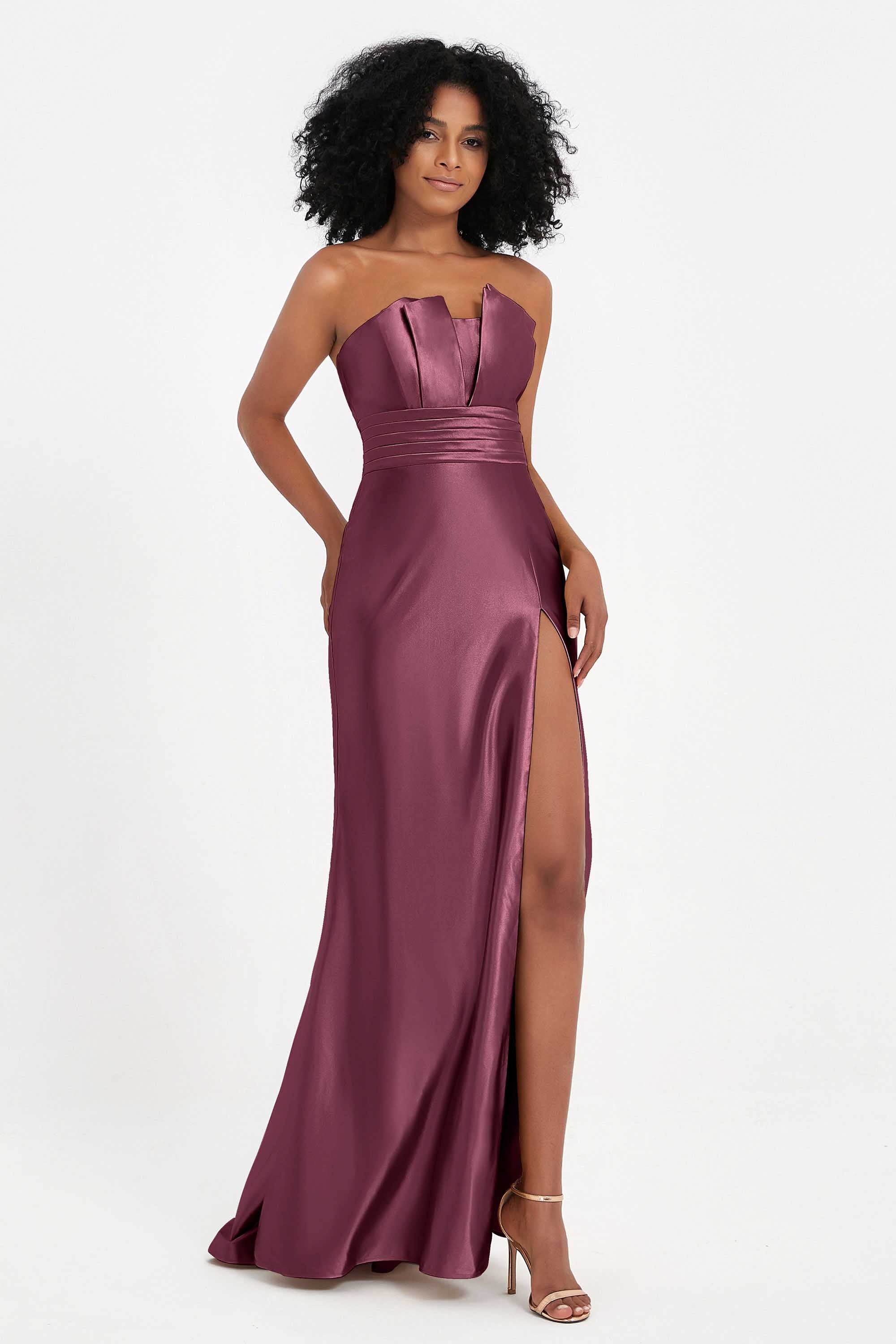 Straight Across Stretch Satin Sheath Formal Evening Dresses with Slit Long Prom Party Dress