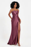 Straight Across Stretch Satin Sheath Formal Evening Dresses with Slit Long Prom Party Dress