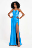 Straight Across Stretch Satin Sheath Formal Evening Dresses with Slit Long Prom Party Dress