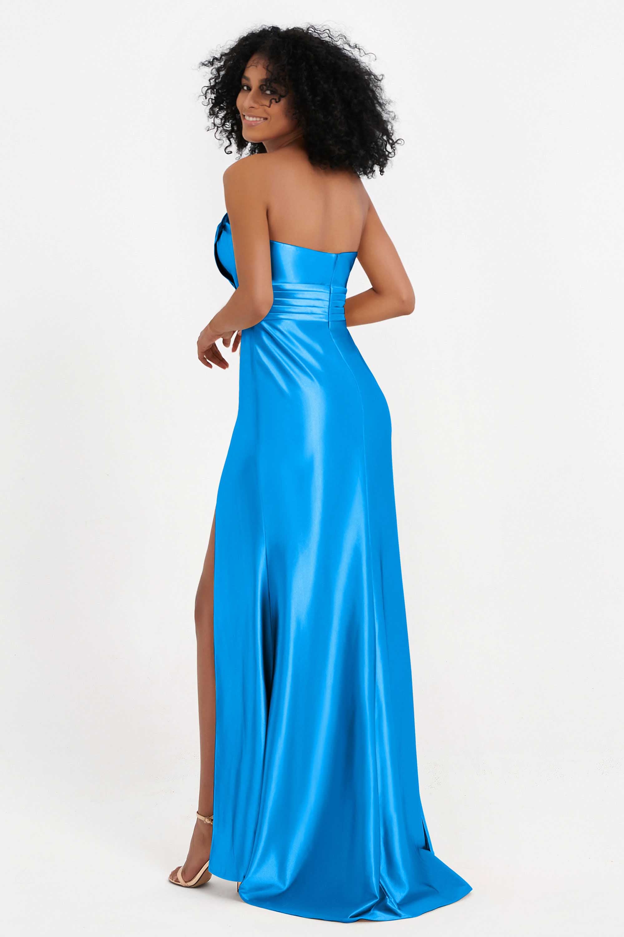 Straight Across Stretch Satin Sheath Formal Evening Dresses with Slit Long Prom Party Dress