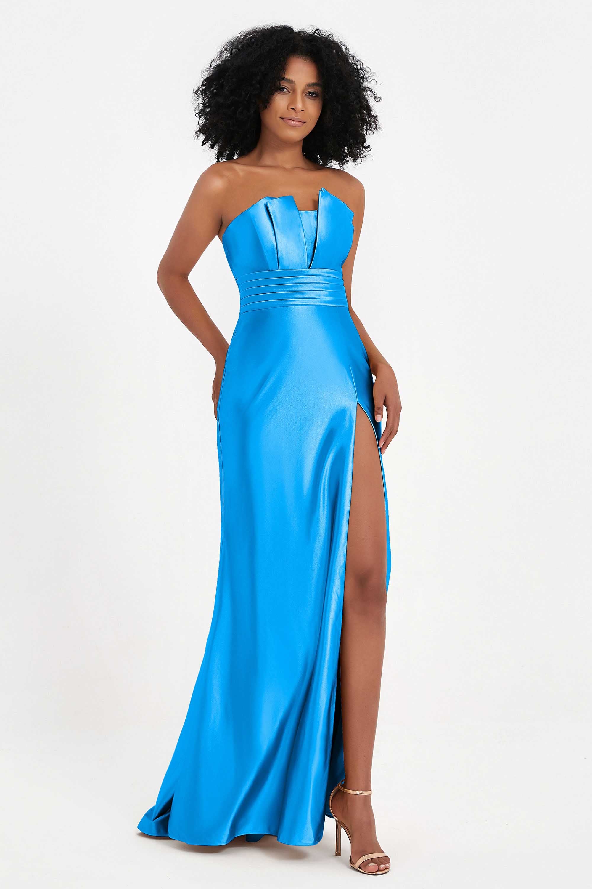 Straight Across Stretch Satin Sheath Formal Evening Dresses with Slit Long Prom Party Dress