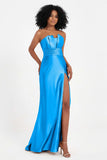 Straight Across Stretch Satin Sheath Formal Evening Dresses with Slit Long Prom Party Dress