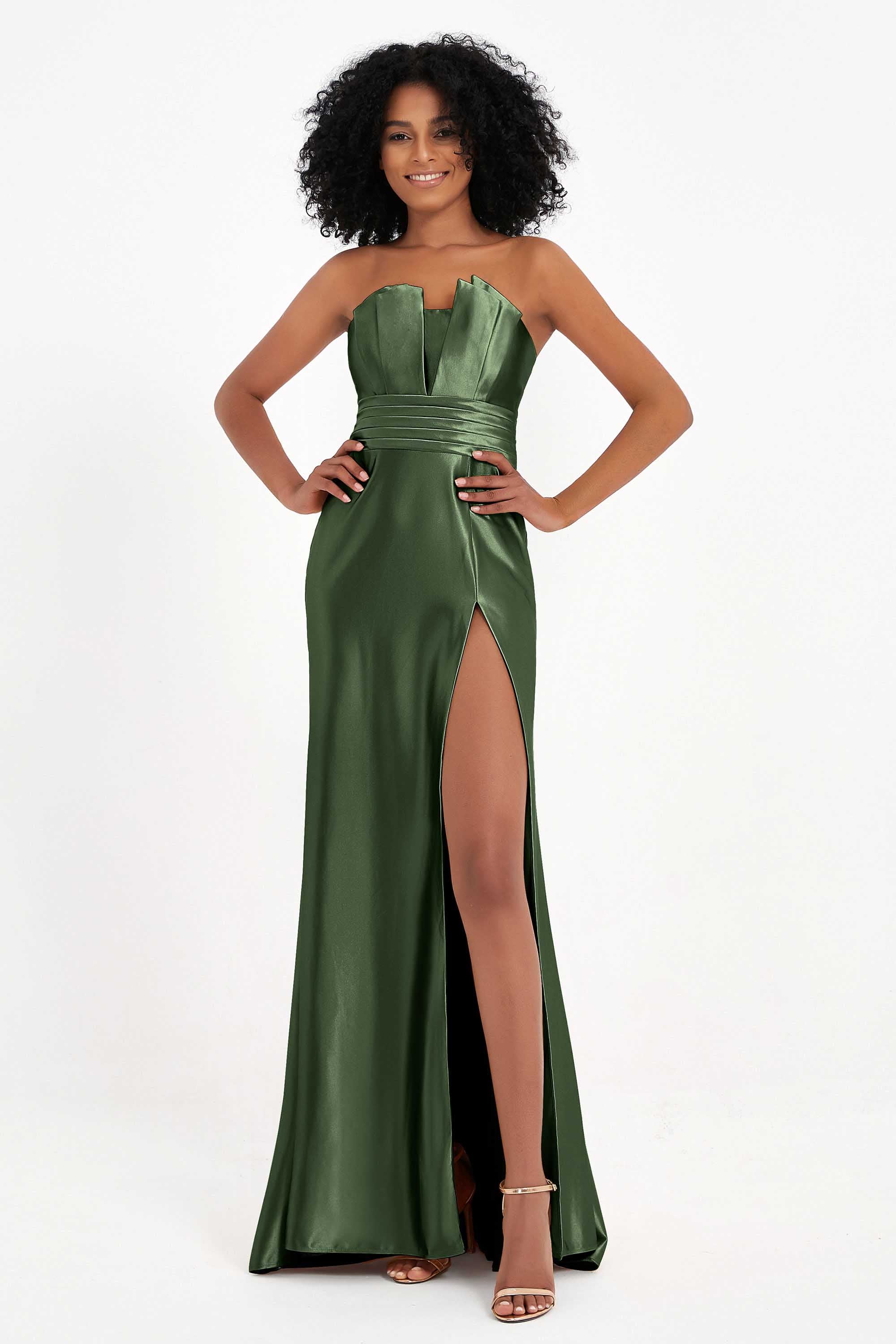 Straight Across Stretch Satin Sheath Formal Evening Dresses with Slit Long Prom Party Dress