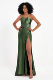 Straight Across Stretch Satin Sheath Formal Evening Dresses with Slit Long Prom Party Dress