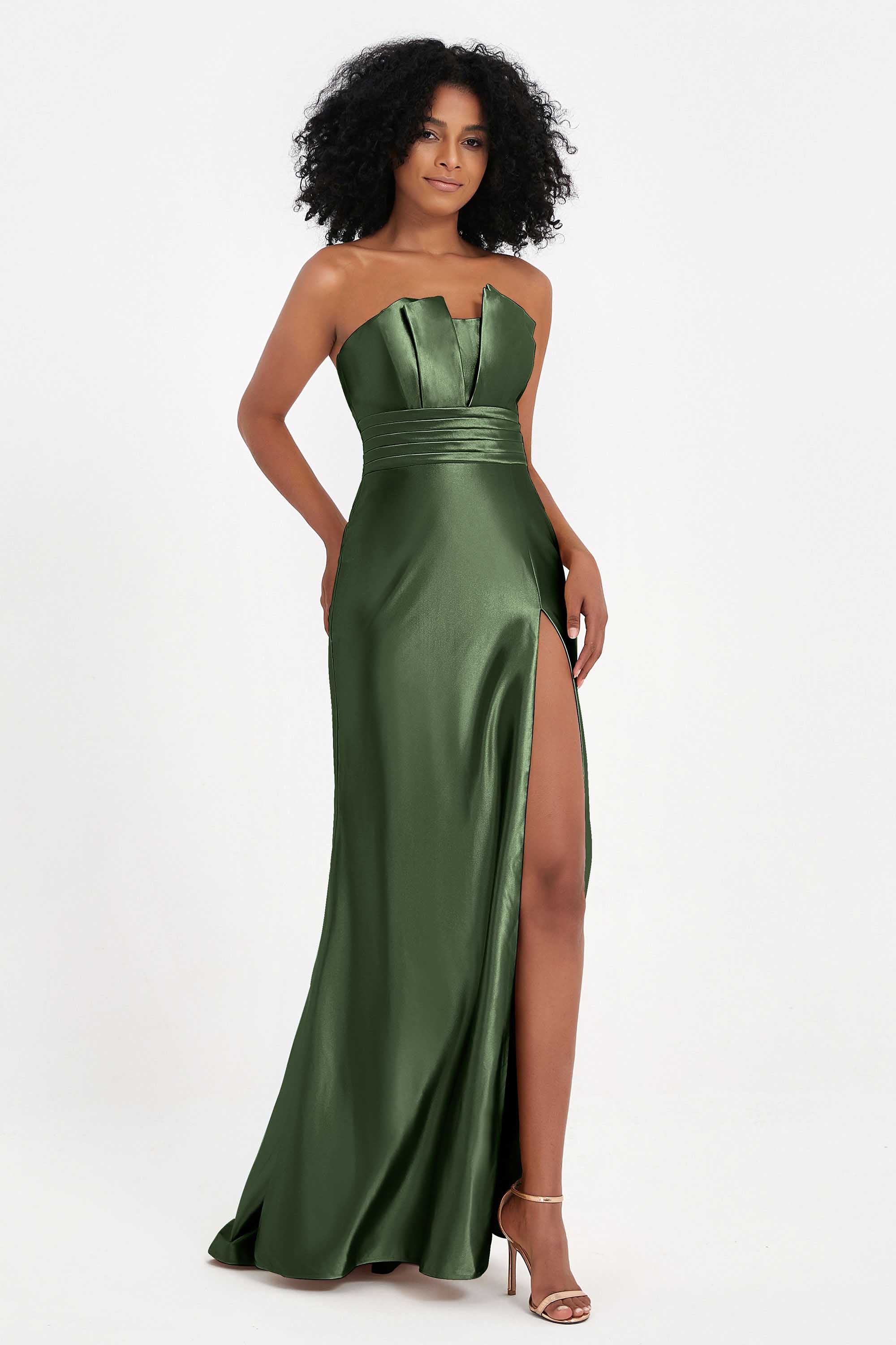 Straight Across Stretch Satin Sheath Formal Evening Dresses with Slit Long Prom Party Dress