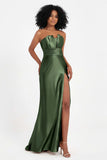 Straight Across Stretch Satin Sheath Formal Evening Dresses with Slit Long Prom Party Dress