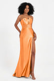 Straight Across Stretch Satin Sheath Formal Evening Dresses with Slit Long Prom Party Dress