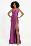 Straight Across Stretch Satin Sheath Formal Evening Dresses with Slit Long Prom Party Dress
