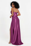 Straight Across Stretch Satin Sheath Formal Evening Dresses with Slit Long Prom Party Dress