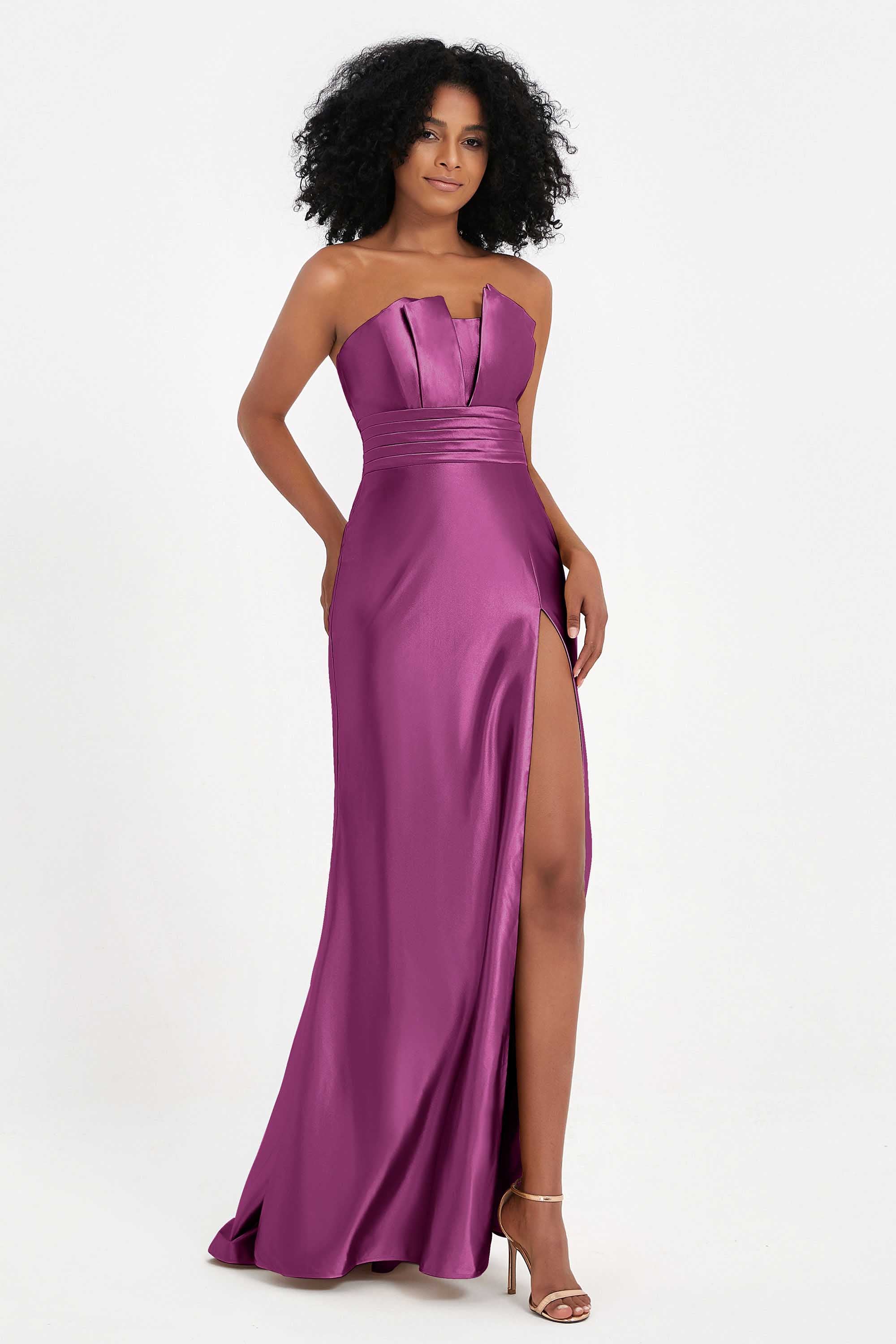 Straight Across Stretch Satin Sheath Formal Evening Dresses with Slit Long Prom Party Dress