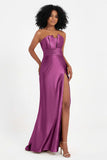 Straight Across Stretch Satin Sheath Formal Evening Dresses with Slit Long Prom Party Dress
