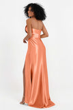 Straight Across Stretch Satin Sheath Formal Evening Dresses with Slit Long Prom Party Dress
