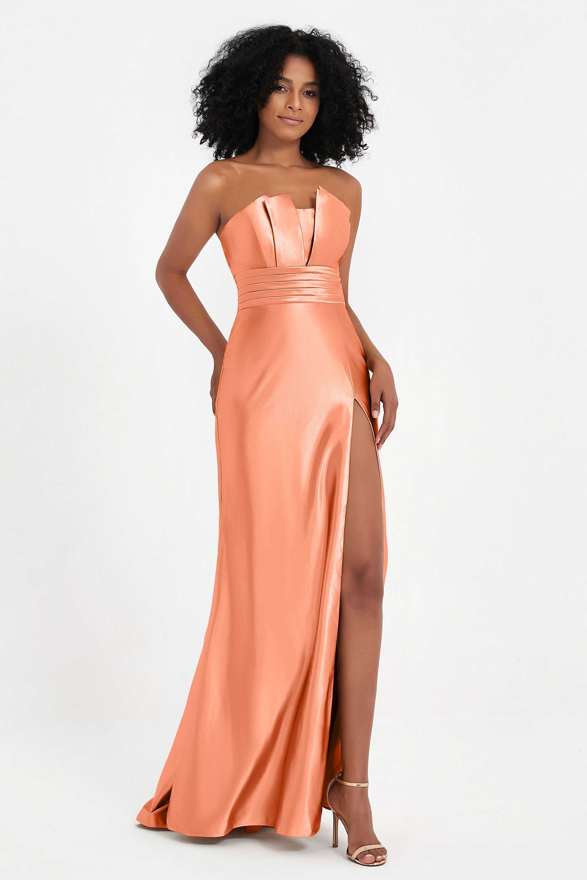 Straight Across Stretch Satin Sheath Formal Evening Dresses with Slit Long Prom Party Dress