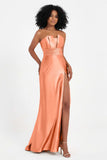 Straight Across Stretch Satin Sheath Formal Evening Dresses with Slit Long Prom Party Dress
