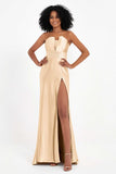 Straight Across Stretch Satin Sheath Formal Evening Dresses with Slit Long Prom Party Dress