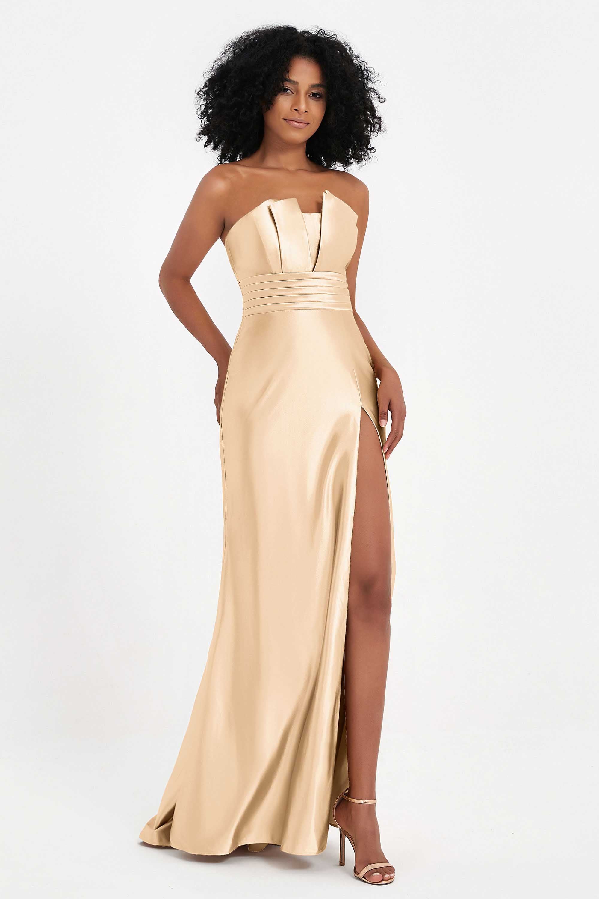 Straight Across Stretch Satin Sheath Formal Evening Dresses with Slit Long Prom Party Dress