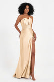 Straight Across Stretch Satin Sheath Formal Evening Dresses with Slit Long Prom Party Dress