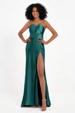 Straight Across Stretch Satin Sheath Formal Evening Dresses with Slit Long Prom Party Dress