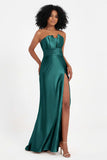 Straight Across Stretch Satin Sheath Formal Evening Dresses with Slit Long Prom Party Dress