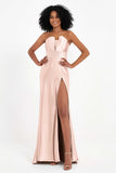 Straight Across Stretch Satin Sheath Formal Evening Dresses with Slit Long Prom Party Dress