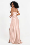 Straight Across Stretch Satin Sheath Formal Evening Dresses with Slit Long Prom Party Dress