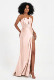 Straight Across Stretch Satin Sheath Formal Evening Dresses with Slit Long Prom Party Dress