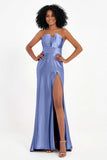 Straight Across Stretch Satin Sheath Formal Evening Dresses with Slit Long Prom Party Dress