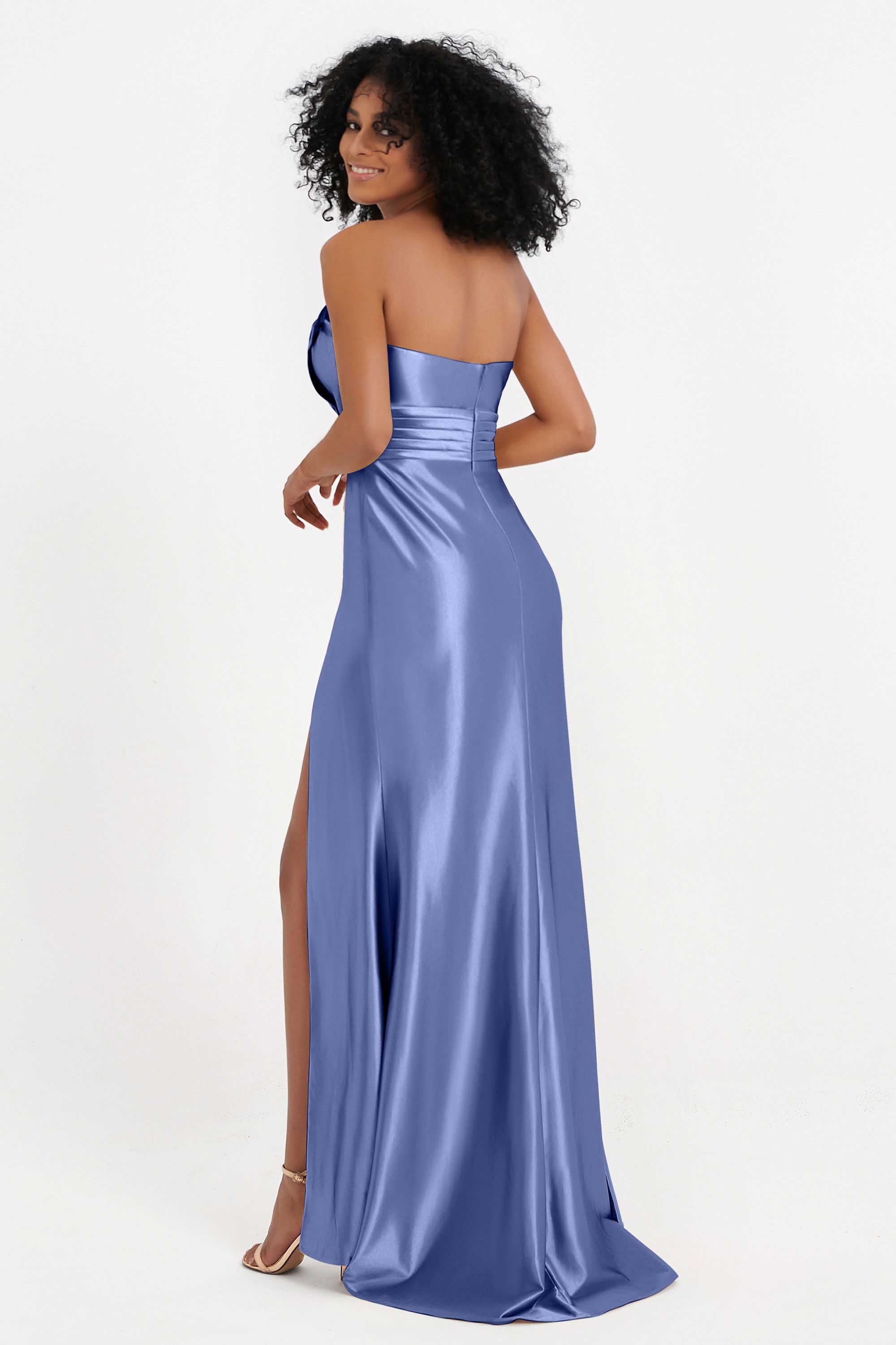 Straight Across Stretch Satin Sheath Formal Evening Dresses with Slit Long Prom Party Dress