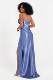 Straight Across Stretch Satin Sheath Formal Evening Dresses with Slit Long Prom Party Dress