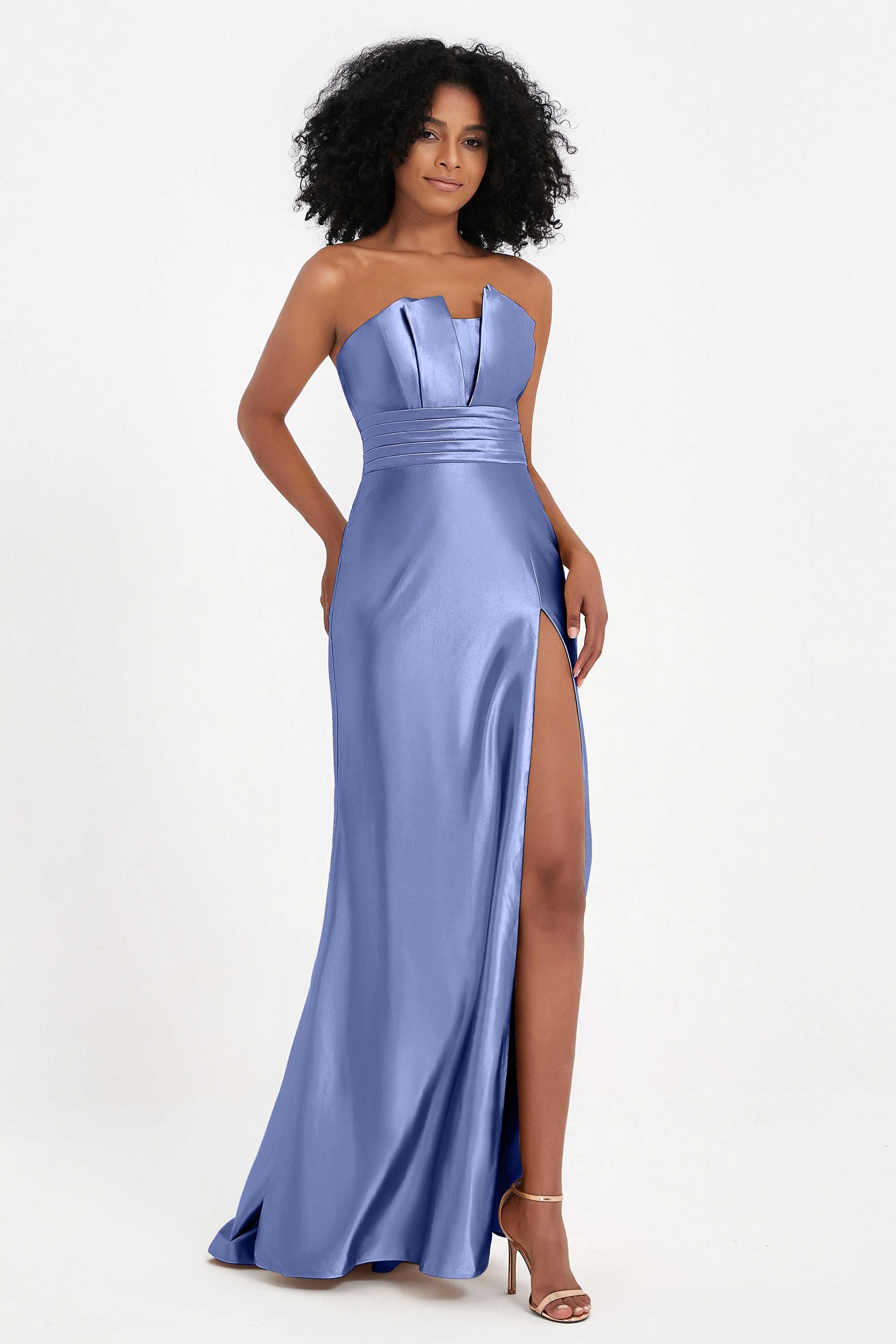 Straight Across Stretch Satin Sheath Formal Evening Dresses with Slit Long Prom Party Dress