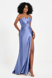 Straight Across Stretch Satin Sheath Formal Evening Dresses with Slit Long Prom Party Dress