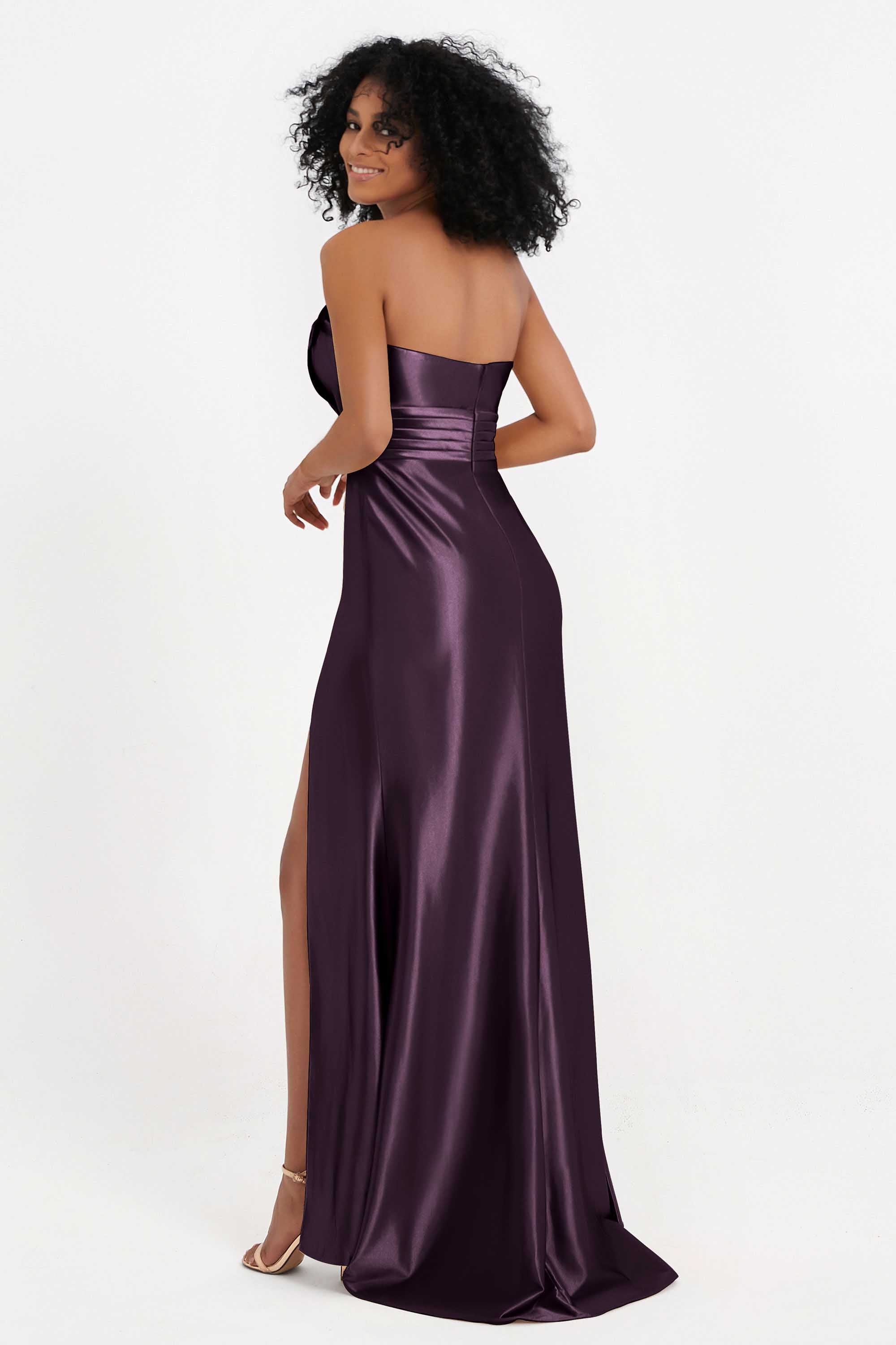 Straight Across Stretch Satin Sheath Formal Evening Dresses with Slit Long Prom Party Dress