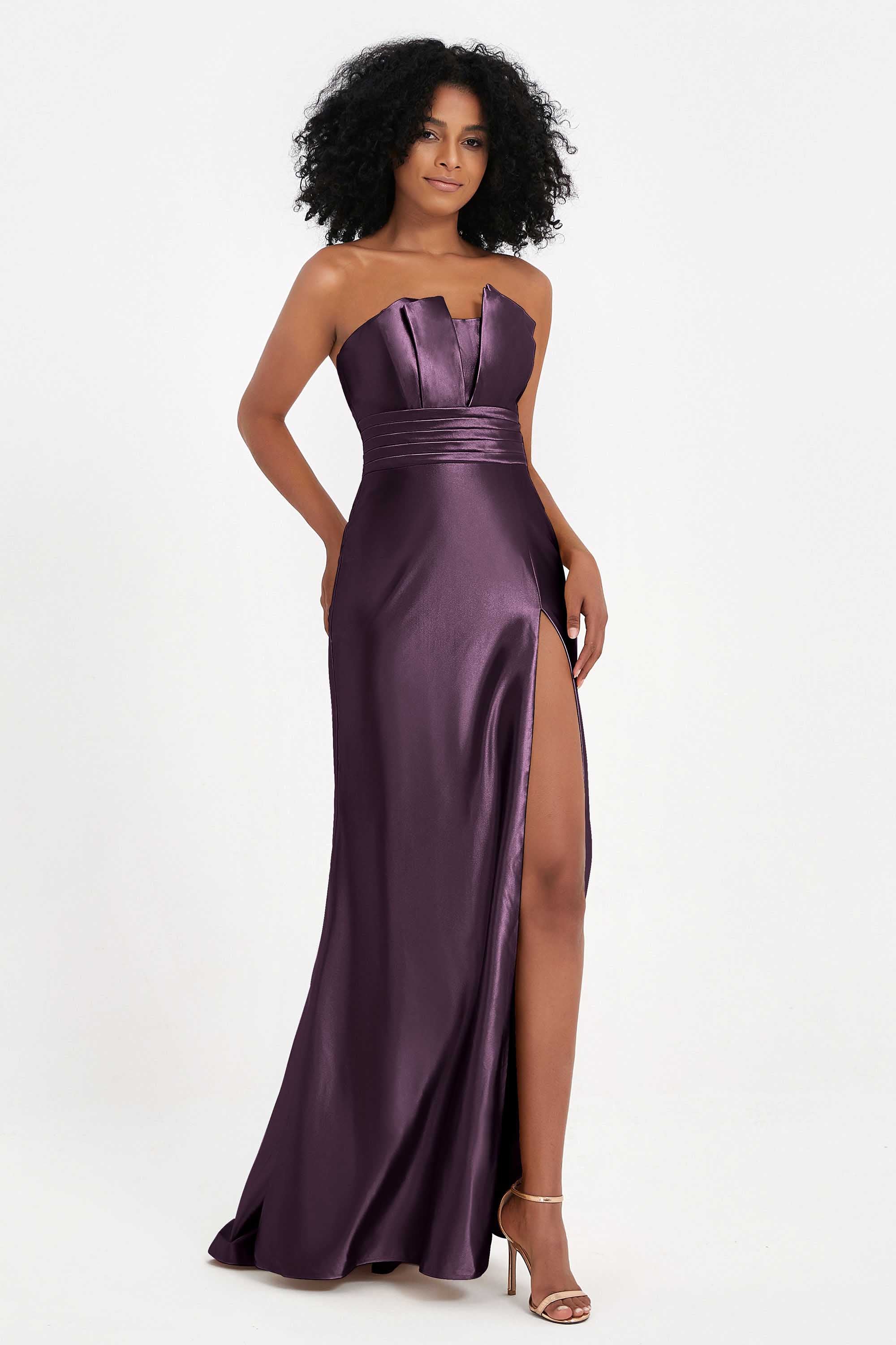 Straight Across Stretch Satin Sheath Formal Evening Dresses with Slit Long Prom Party Dress