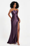 Straight Across Stretch Satin Sheath Formal Evening Dresses with Slit Long Prom Party Dress
